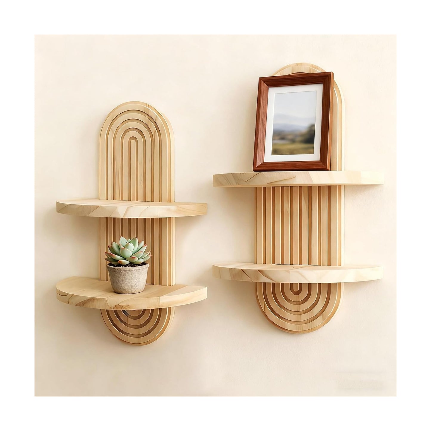 Shelf Wall Decor Boho Wood Floating Shelves Plant Holder 2-Tier Trinket Storage / 2 Beige / Set of 2