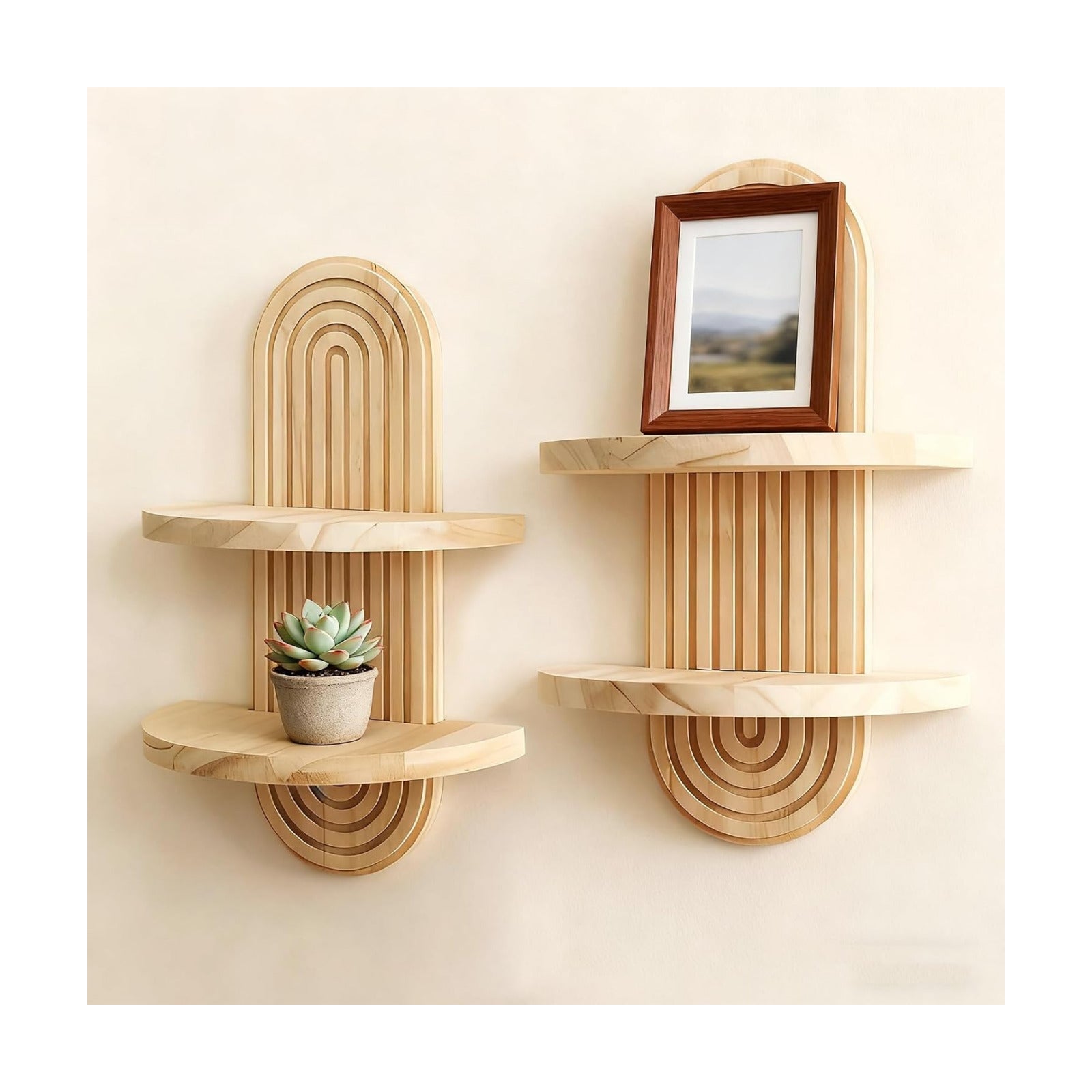 Shelf Wall Decor Boho Wood Floating Shelves Plant Holder 2-Tier Trinket Storage / 2 Beige / Set of 2