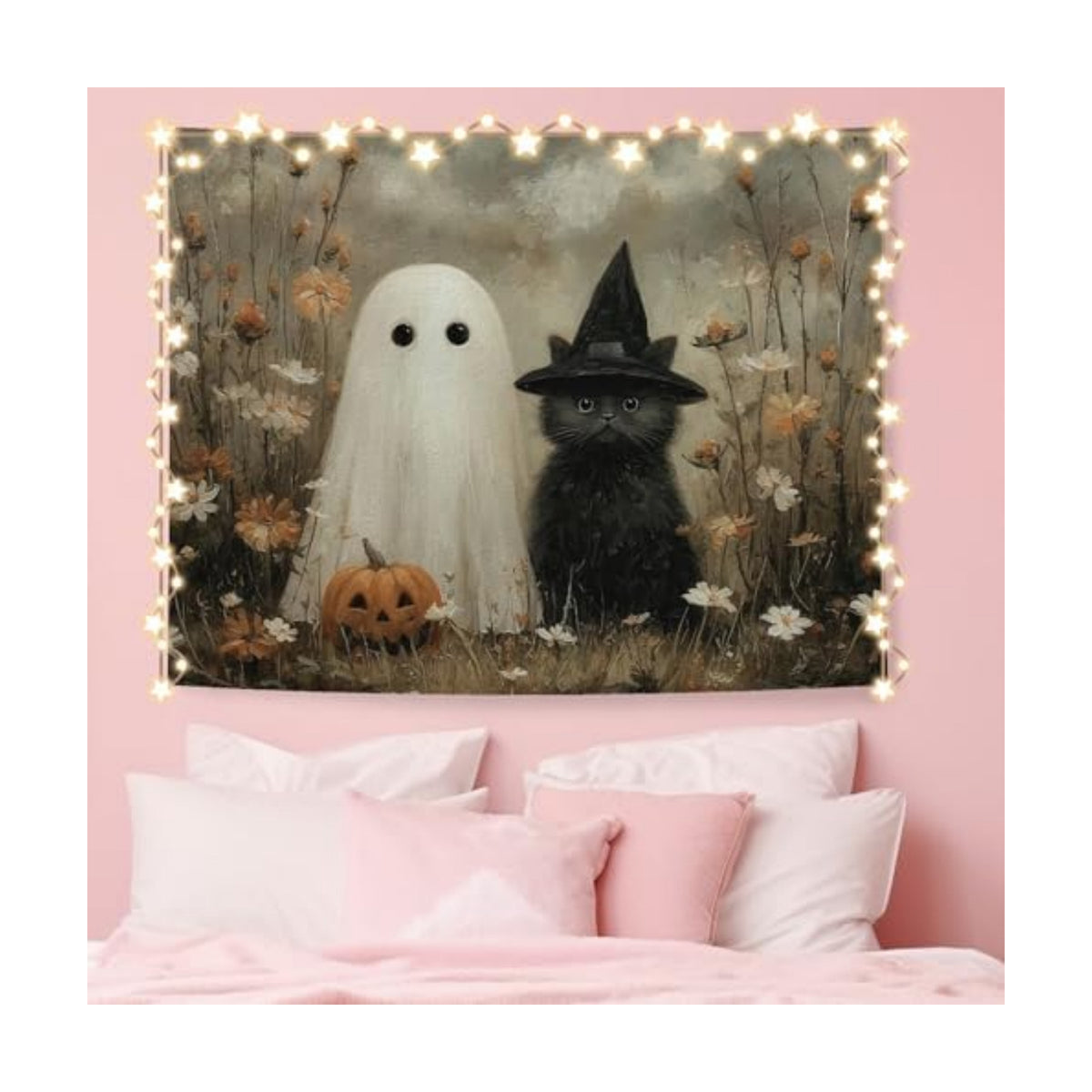 WHCHJ Halloween Ghost and Black Cat Tapestry, Gothic Witchy Cat Tapestry Wall Hanging, Whimsical Wildflower Spooky Tapestries Wall Blanket Decor for Party Home Bedroom Living Room Dorm, 50x60 Inch