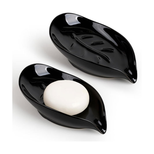 Leaf Shape Ceramic Bar Soap Holder Drain Soap Dishes / Black- -enhanced Draining / Set of 2