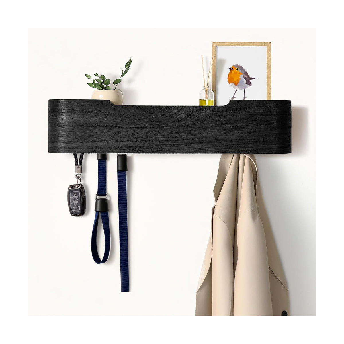 Coat Rack Wall Mount with Hidden Hooks, Wall Hooks with Shelf, Wall Key Holder Mount Wooden Shelf Entryway Hooks for