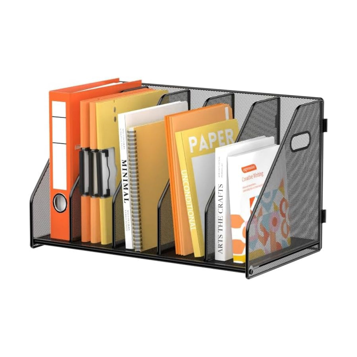 Binder Organizer, Magazine File Holder with 5 Vertical Rack, Black | Metal Desk File Organizer & Binder Holders