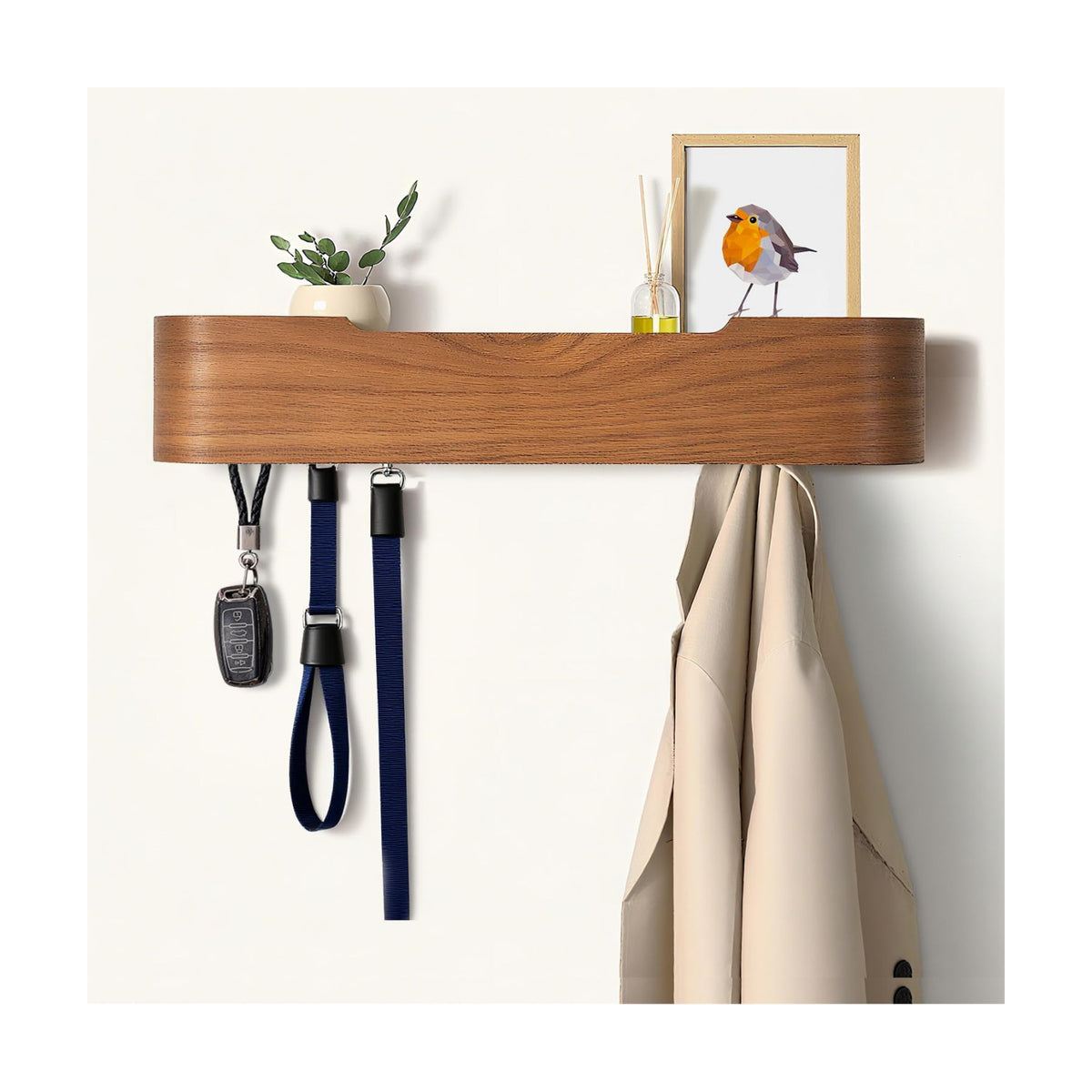 Coat Rack Wall Mount with Hidden Hooks, Wall Hooks with Shelf, Wall Key Holder Mount Wooden Shelf Entryway Hooks for