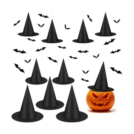 10 PCS thicken Nylon Black Witch Hats with 48 PCS 3D Bat Wall Decals & 150 FT Hanging Cord - Halloween Costume Accessories for Yard Porch Indoor Outdoor Decorations