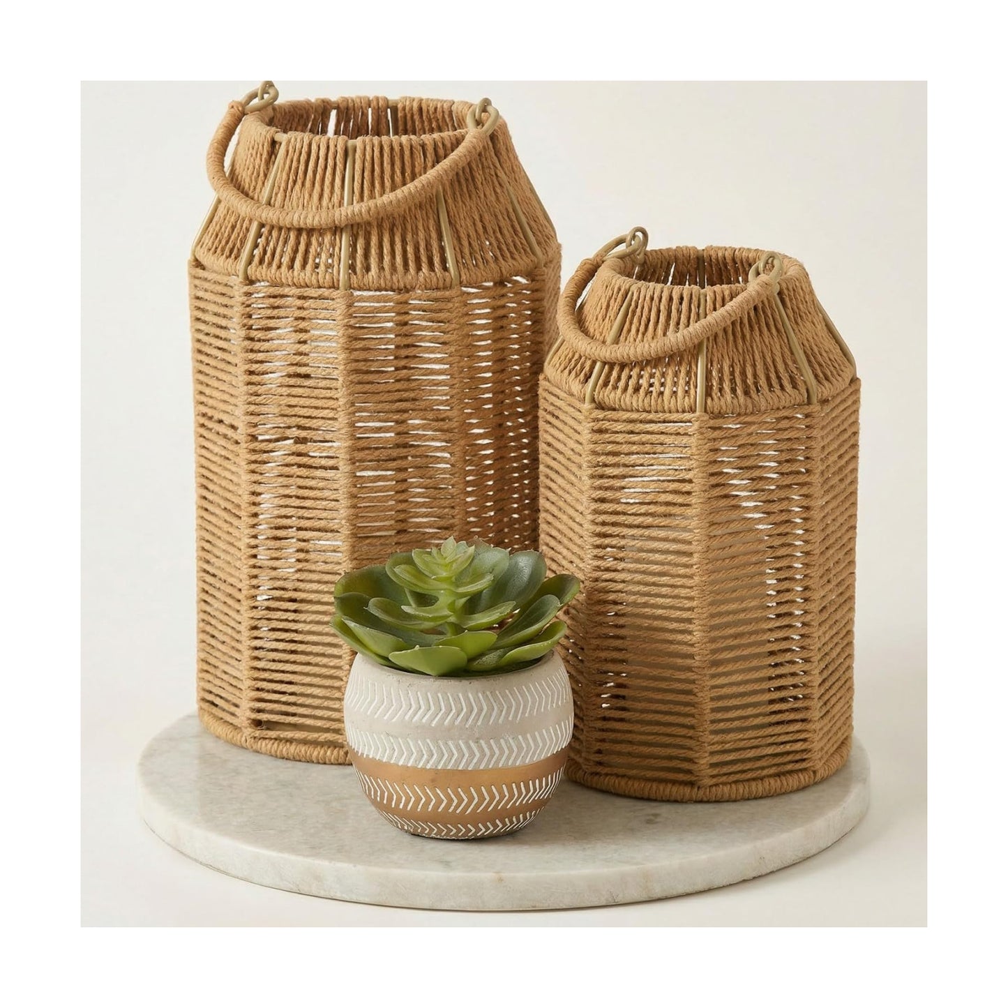 Natural Jute Boho Lanterns - Handcrafted Farmhouse Coffee Table Decor