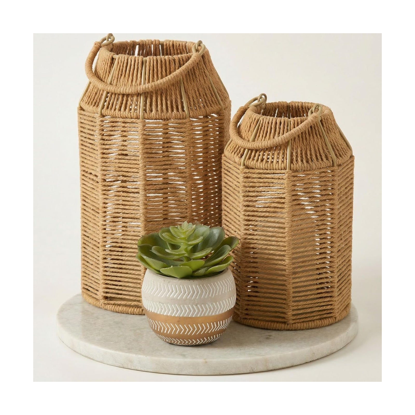 Natural Jute Boho Lanterns - Handcrafted Farmhouse Coffee Table Decor
