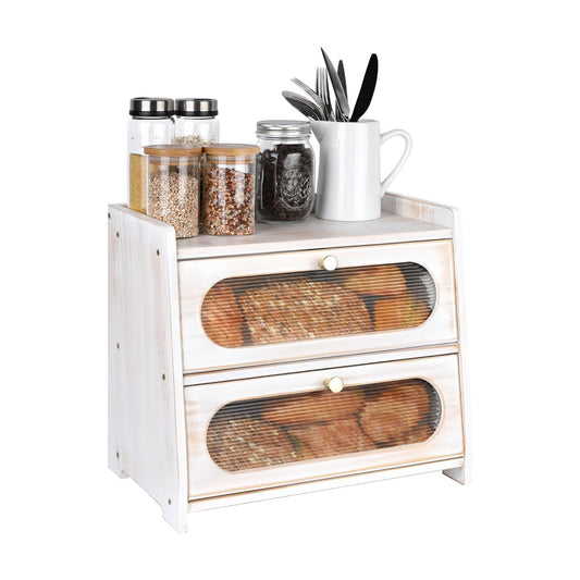 2-Tier White Bread Box for Kitchen Countertop with Window | Farmhouse Bread Storage Container, Large Pantry Organizers
