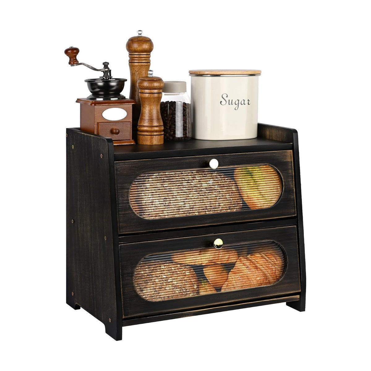 2-Tier Black Bread Box for Kitchen Countertop with Window | Farmhouse Bread Storage Container, Large Pantry Organizers