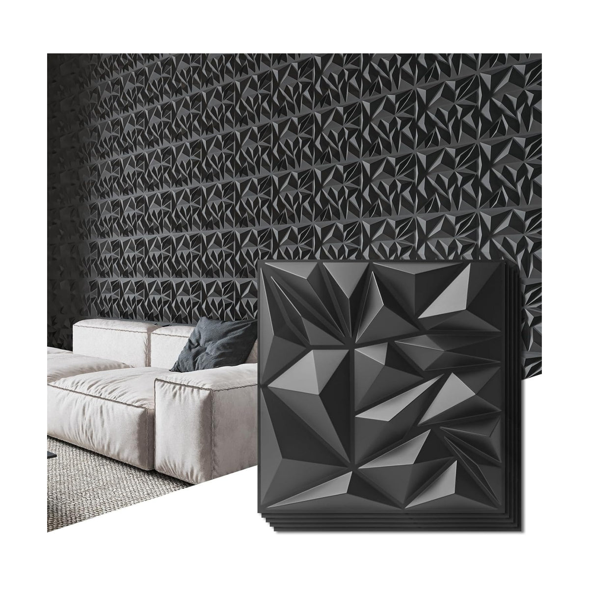 Art3d 50-Pack Modern Diamond Textured 3D Wall Panels, 12 x 12 in, Black | Light PVC, Waterproof, Scratch Proof