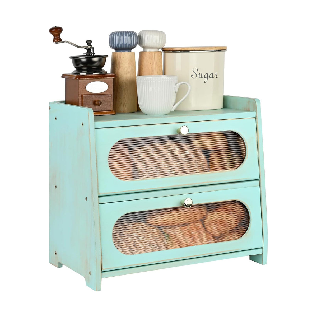 2-Tier Green Bread Box for Kitchen Countertop with Window | Farmhouse Bread Storage Container, Large Pantry Organizers