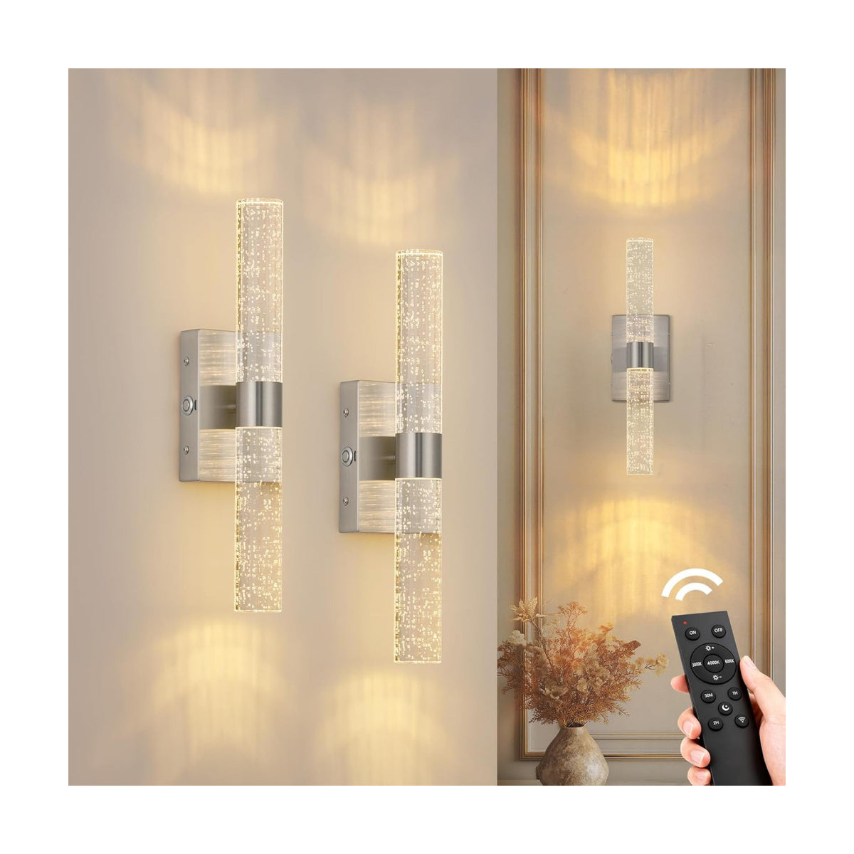 Battery Operated Wall Sconces Set of 2, 20000mAh Rechargeable Wall Light | Remote Control 3000K-6000K Dimmable LED
