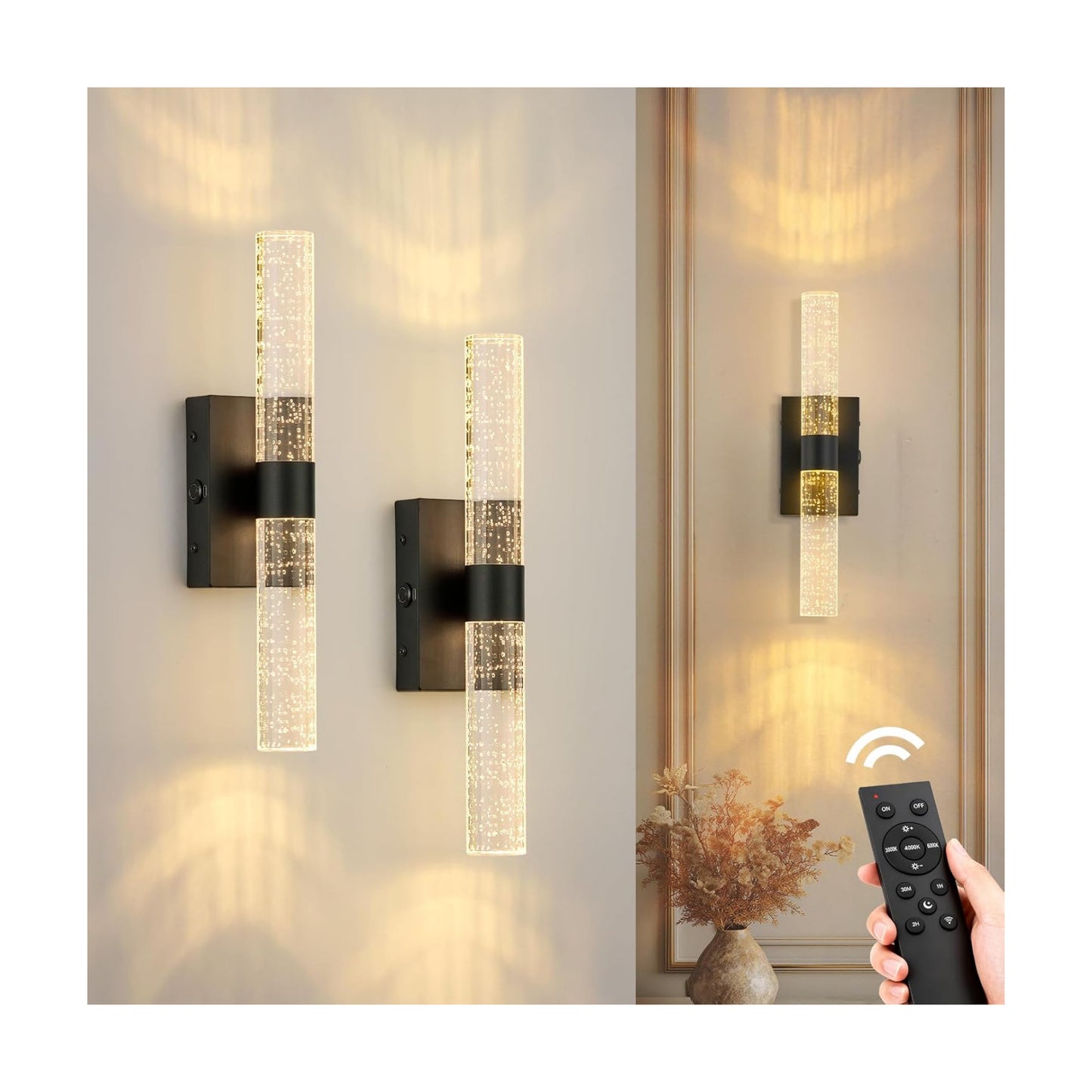 Battery Operated Wall Sconces Set of 2, 20000mAh Rechargeable Wall Light | Remote Control 3000K-6000K Dimmable LED