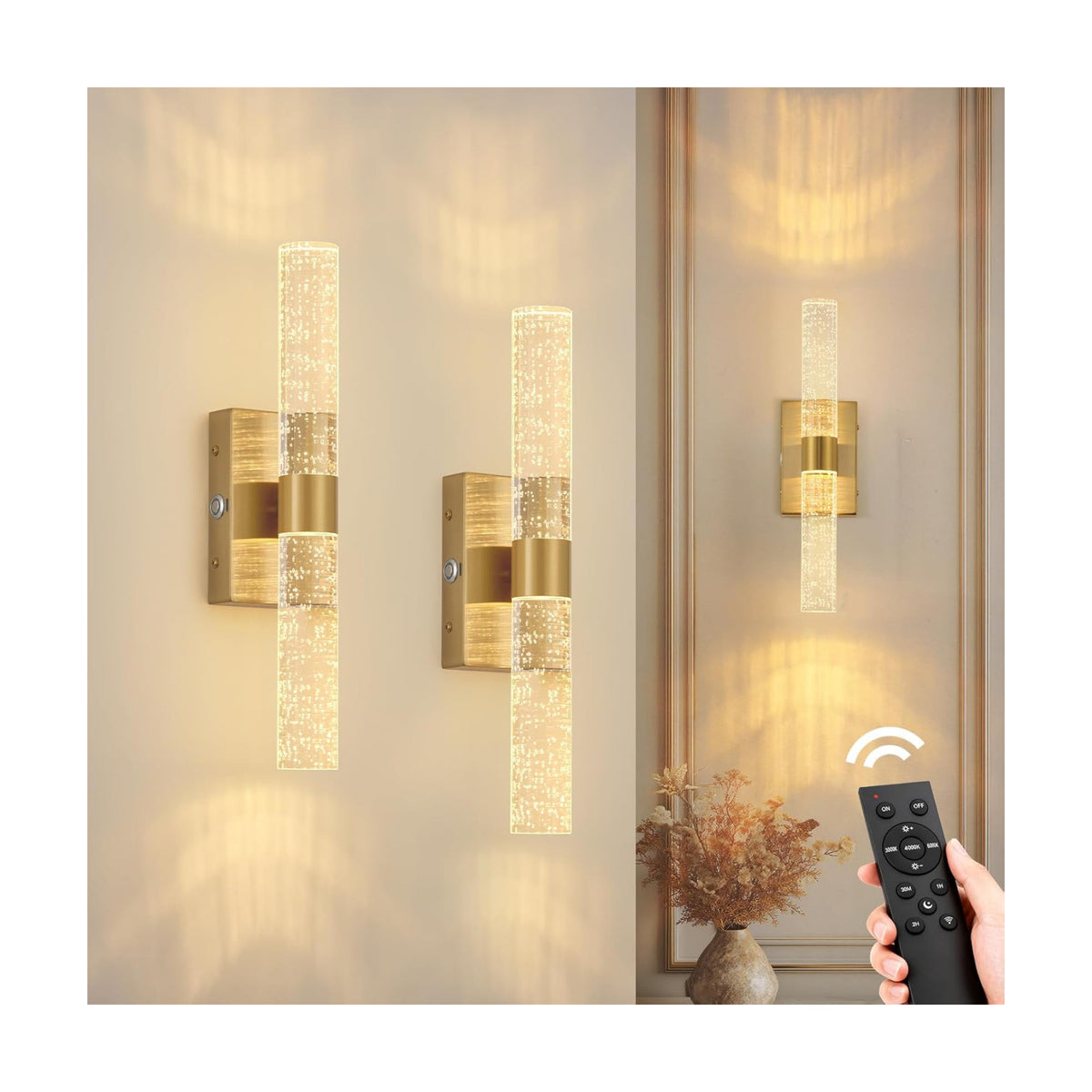 Battery Operated Wall Sconces Set of 2, 20000mAh Rechargeable Wall Light | Remote Control 3000K-6000K Dimmable LED