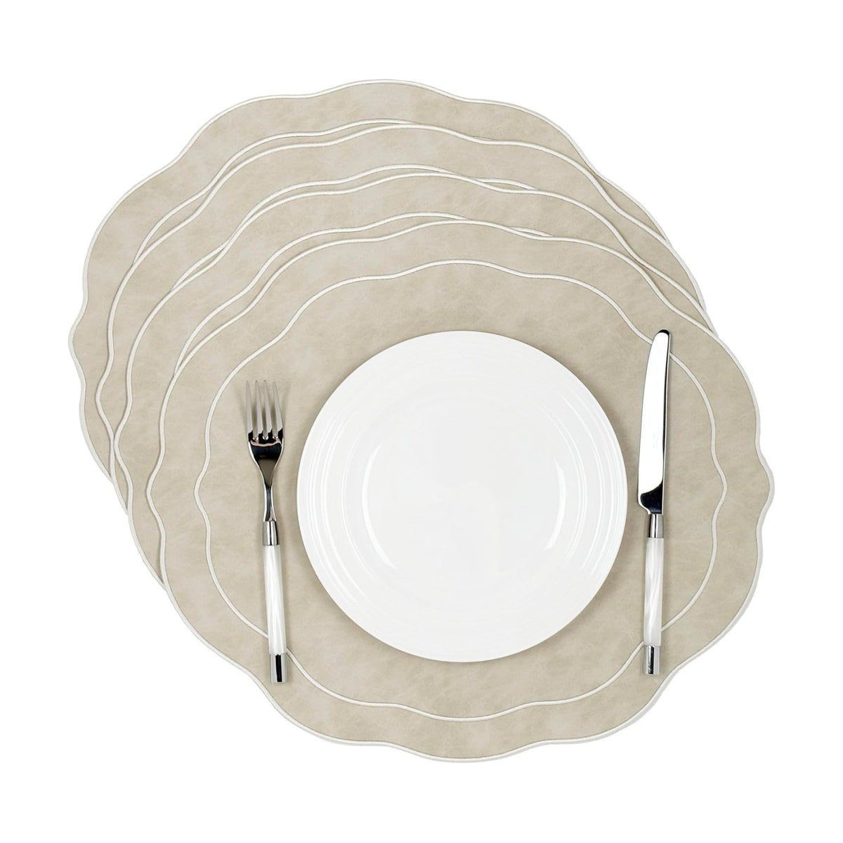 Embroidered Scalloped Faux Leather Wipeable Placemats Set of 4, Ivory | Bryonia PU Earth Tone Soft Luxury Dinner Table