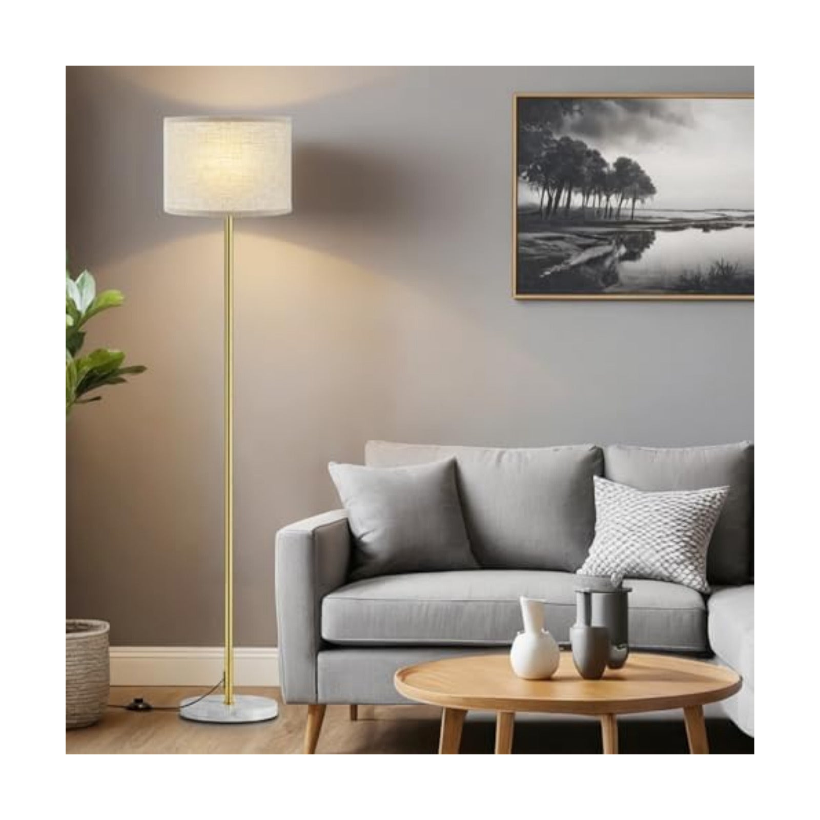 Ambimall 60'' Modern Floor Lamp with Shade, Tall Lamps for Living Room, Bedroom, Office, Dining Room, Gold Standing