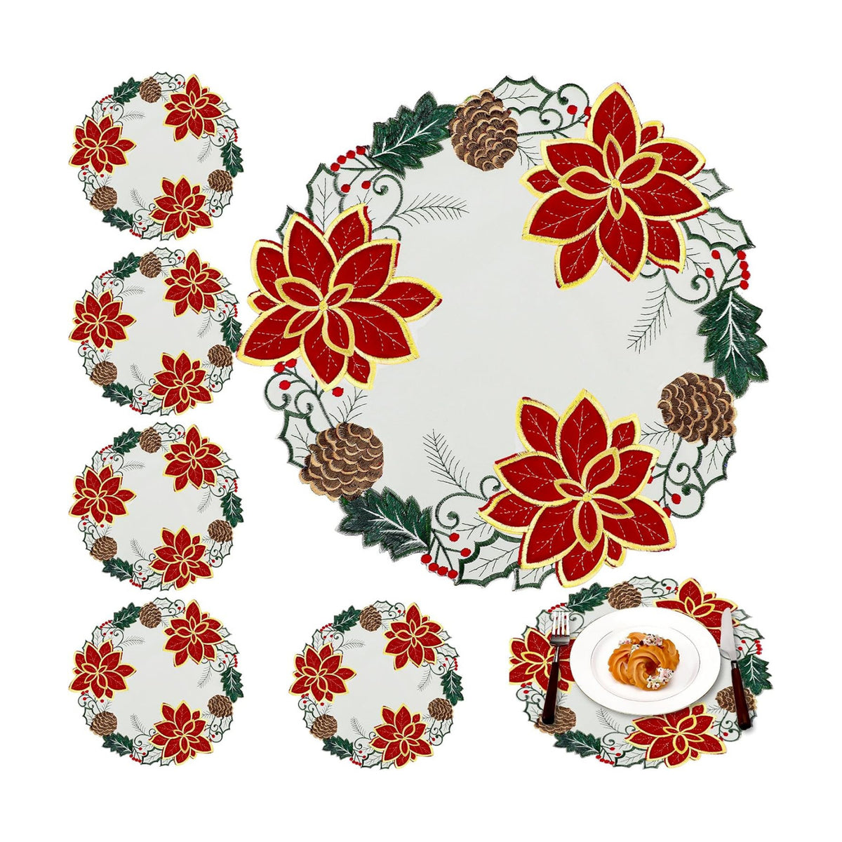 HunnmingRe Christmas Placemats Set of 6 Embroidered Velvet Poinsettia Table Mats 14 Inch White and Red Double Layer Xmas Placemats for Xmas Holiday Tabletop Home Dining Kitchen