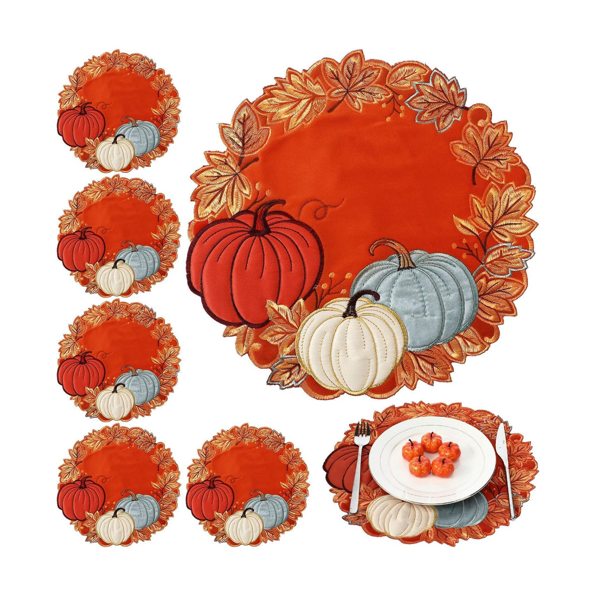 HunnmingRe 6 Pcs Fall Pumpkin Placemat, Velvet Thanksgiving Table Placemat