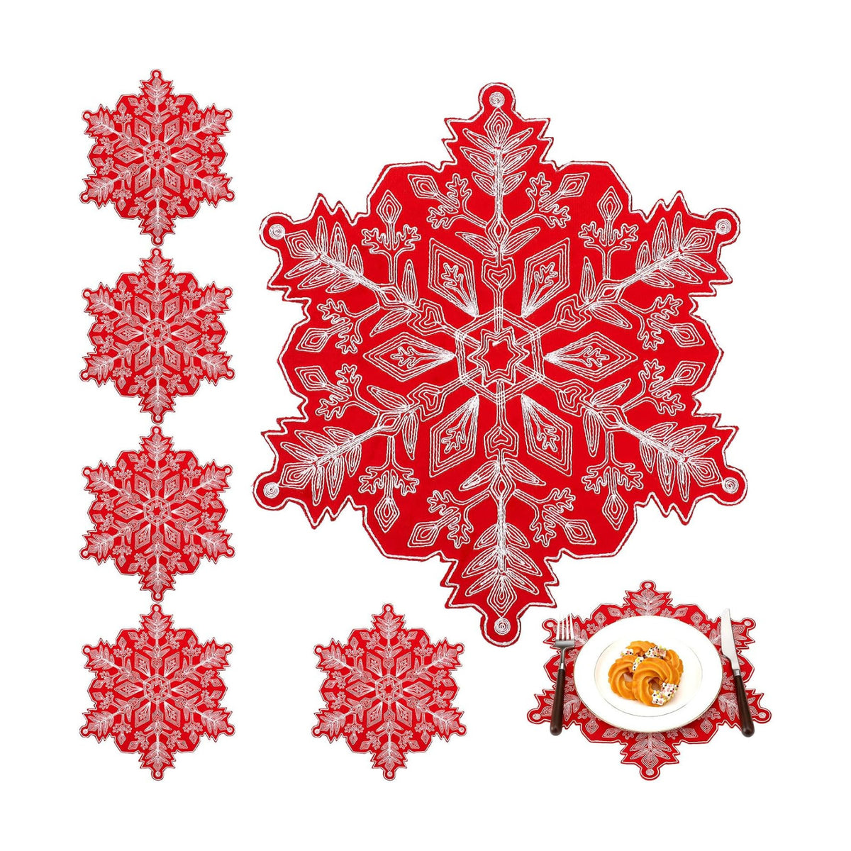 HunnmingRe Christmas Snowflake Placemats Set of 6 Embroidered Snowflake Table Mats 14 Inch Velvet Red Christmas Table Decorations Xmas Washable Placemats for Xmas Holiday Tabletop Home Dining Kitchen