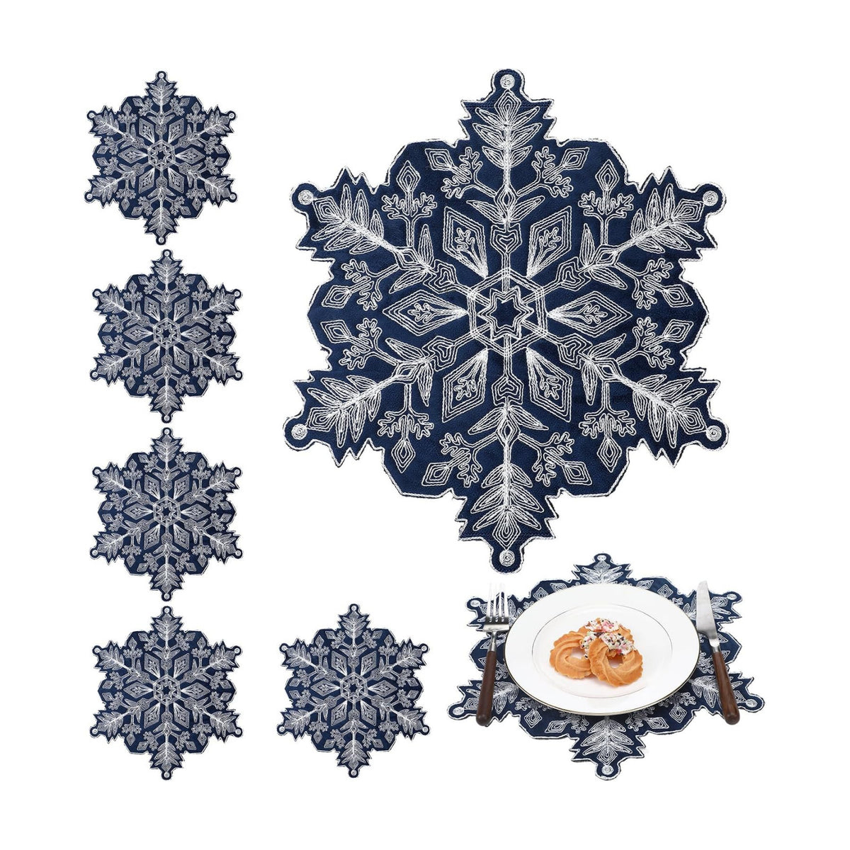 HunnmingRe Christmas Snowflake Placemats Set of 6 Embroidered Snowflake Table Mats 14 Inch Velvet Blue Christmas Table Decorations Xmas Washable Placemats for Xmas Holiday Tabletop Home Dining Kitchen