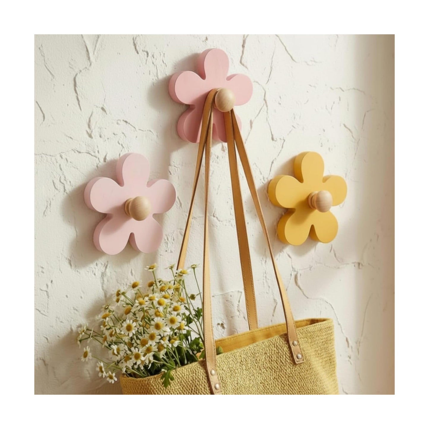 Pcs Daisy Wall Hooks Wood Flower Towel Hooks Flower Decorative / Yellow, Pink, Purple / Set of 3
