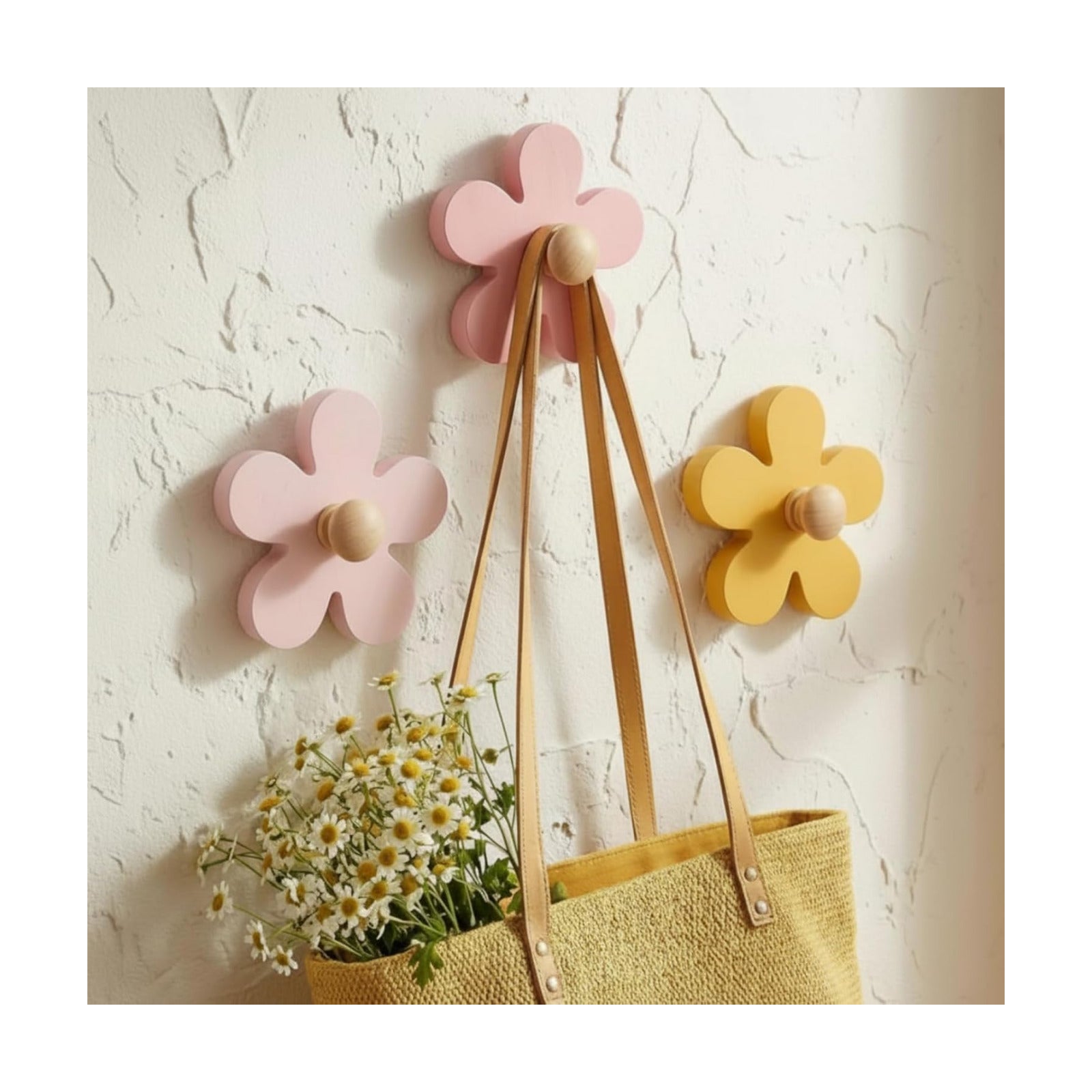 Pcs Daisy Wall Hooks Wood Flower Towel Hooks Flower Decorative / Yellow, Pink, Purple / Set of 3