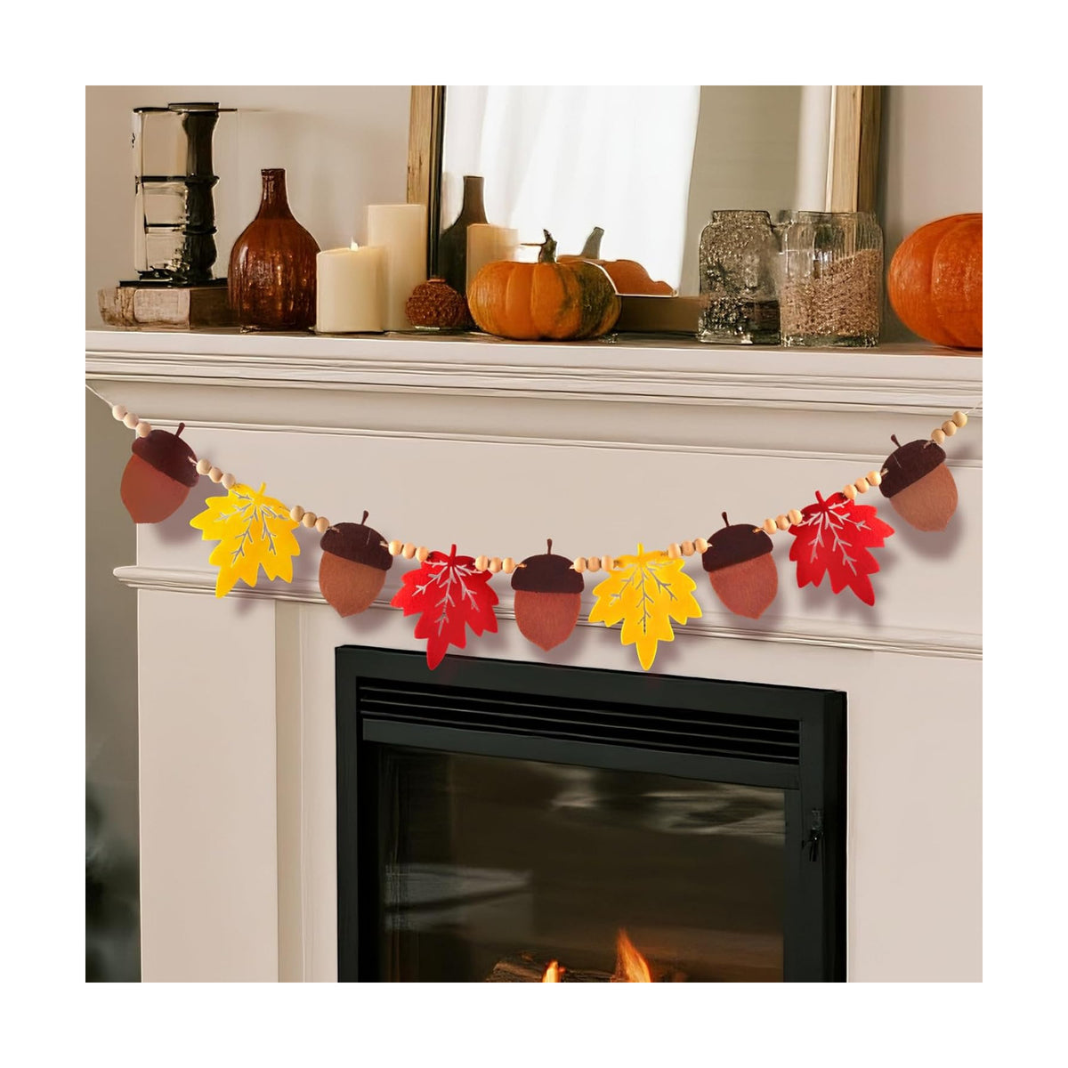 Thanksgiving Decorations Indoor, Fall Party Hanging Decor, Felt Pumpkins Leaves Garland and Wood Bead Banner for Home Mantel Fireplace Wall(Acorn+Maple Leaf)