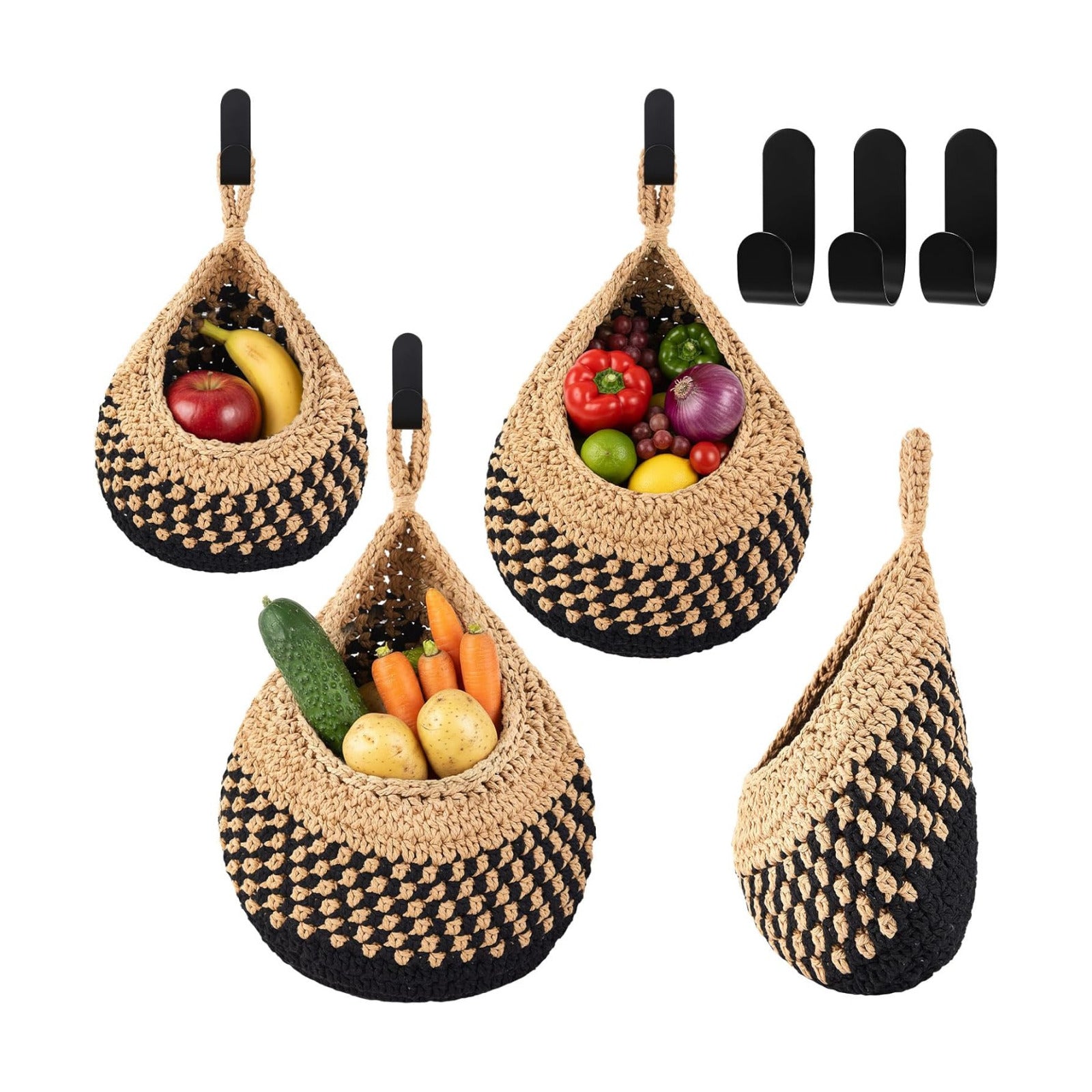 Boho Decor Hanging Wall Baskets / Linen with Black / Cotton Rope / Teardrop / Set of 3