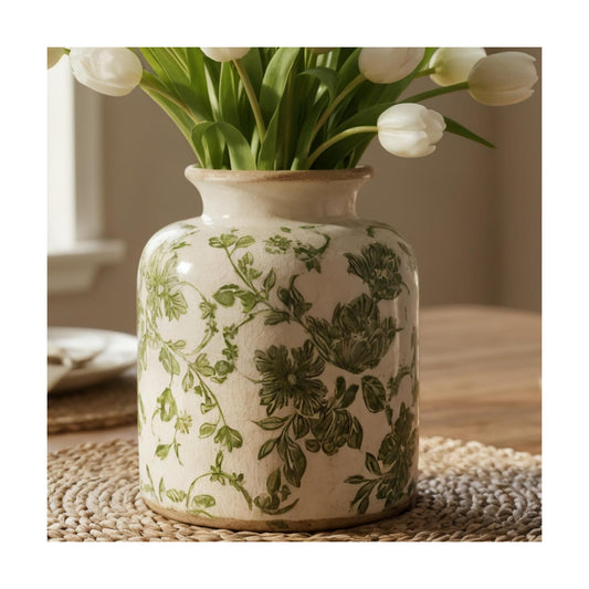 Vintage Crackle Glaze Ceramic Flower Vase / Small Vintage Round Floral Vase / Green