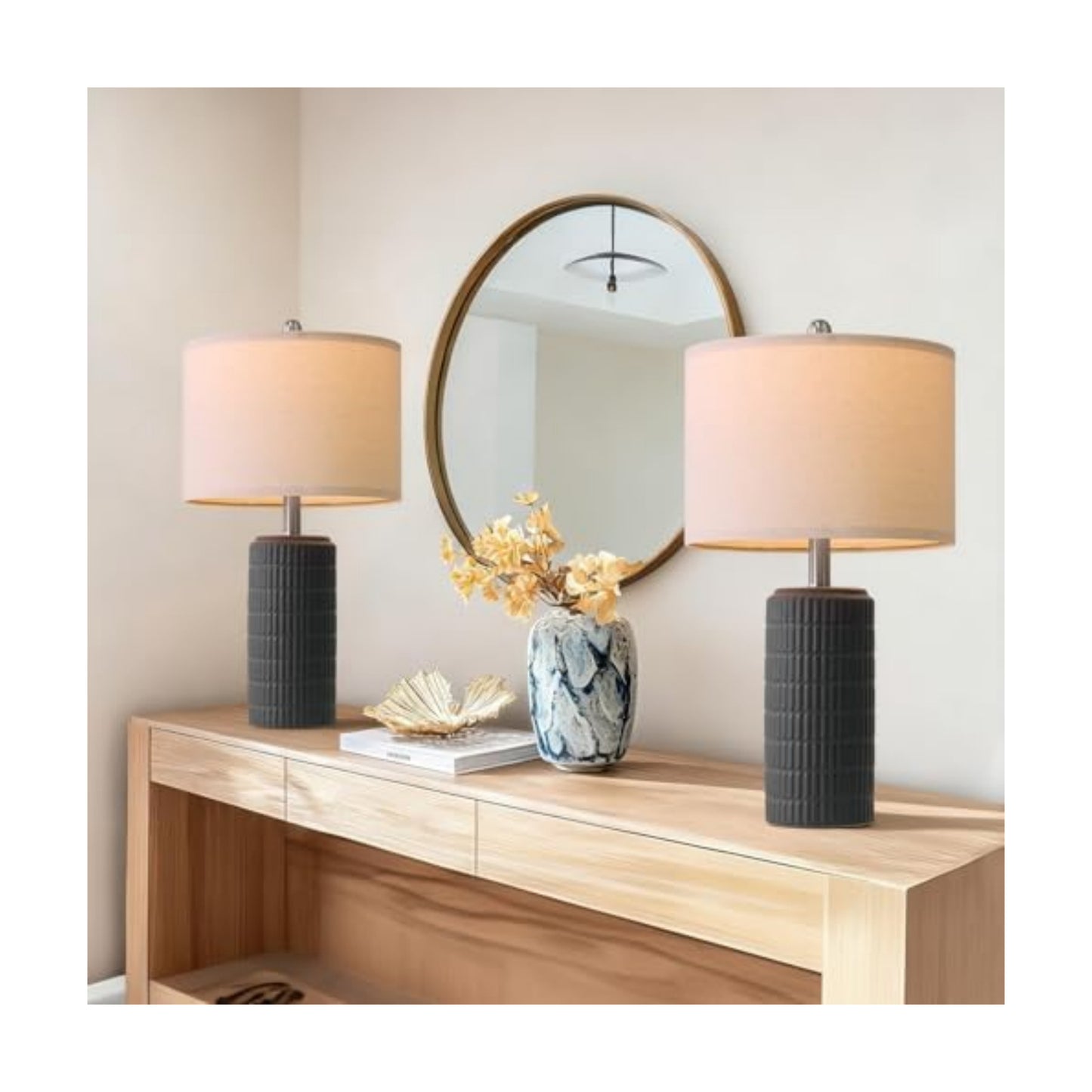 PoKat 23" Matte-Textured Ceramic Table Lamps Set of 2 for Bedroom, Stone-Like Modern Bedside Lamps for Night Stands