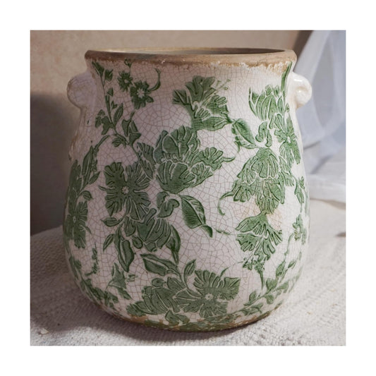 Vintage Ceramic Vase / Large - Belly Jar with Drainage Hole / Green