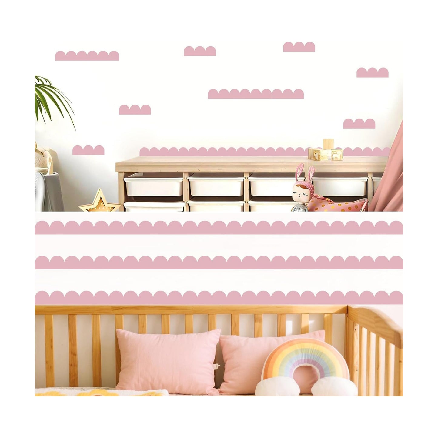 Scallop Border Wall Decals Semi Circle Wall Stickers Geometric Pattern Decal Scalloped / Pink