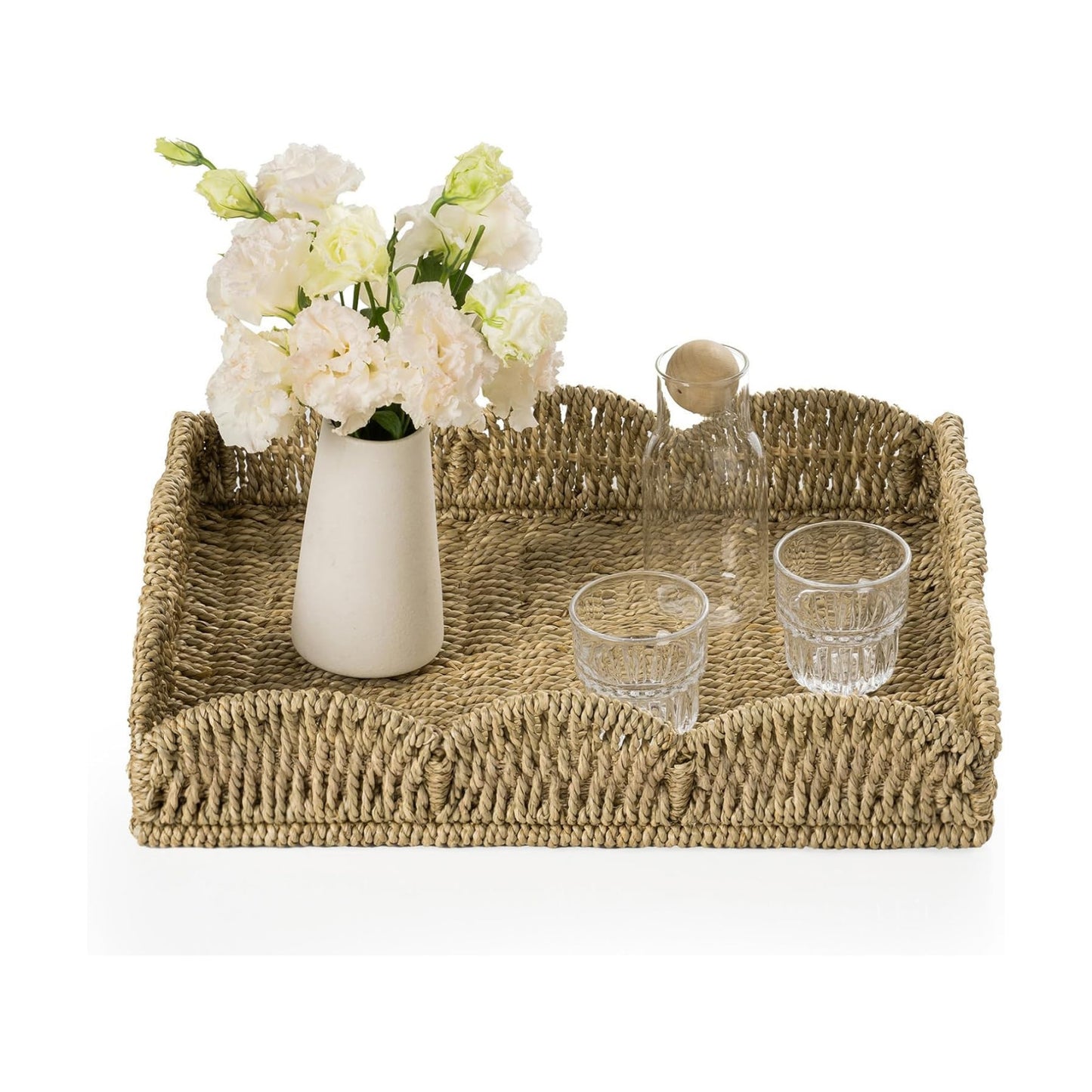 Wicker Tray / Handwoven Woven Tray / 17.3 x 13.4 x 3.6 / Seagrass-scalloped