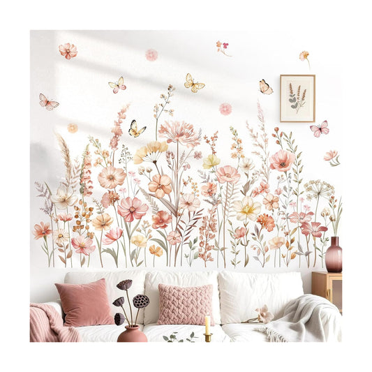 Watercolor Boho Flowers Wall Decals Wildflower Floral Grass Plants Butterfly Wall Stickers Bedroom