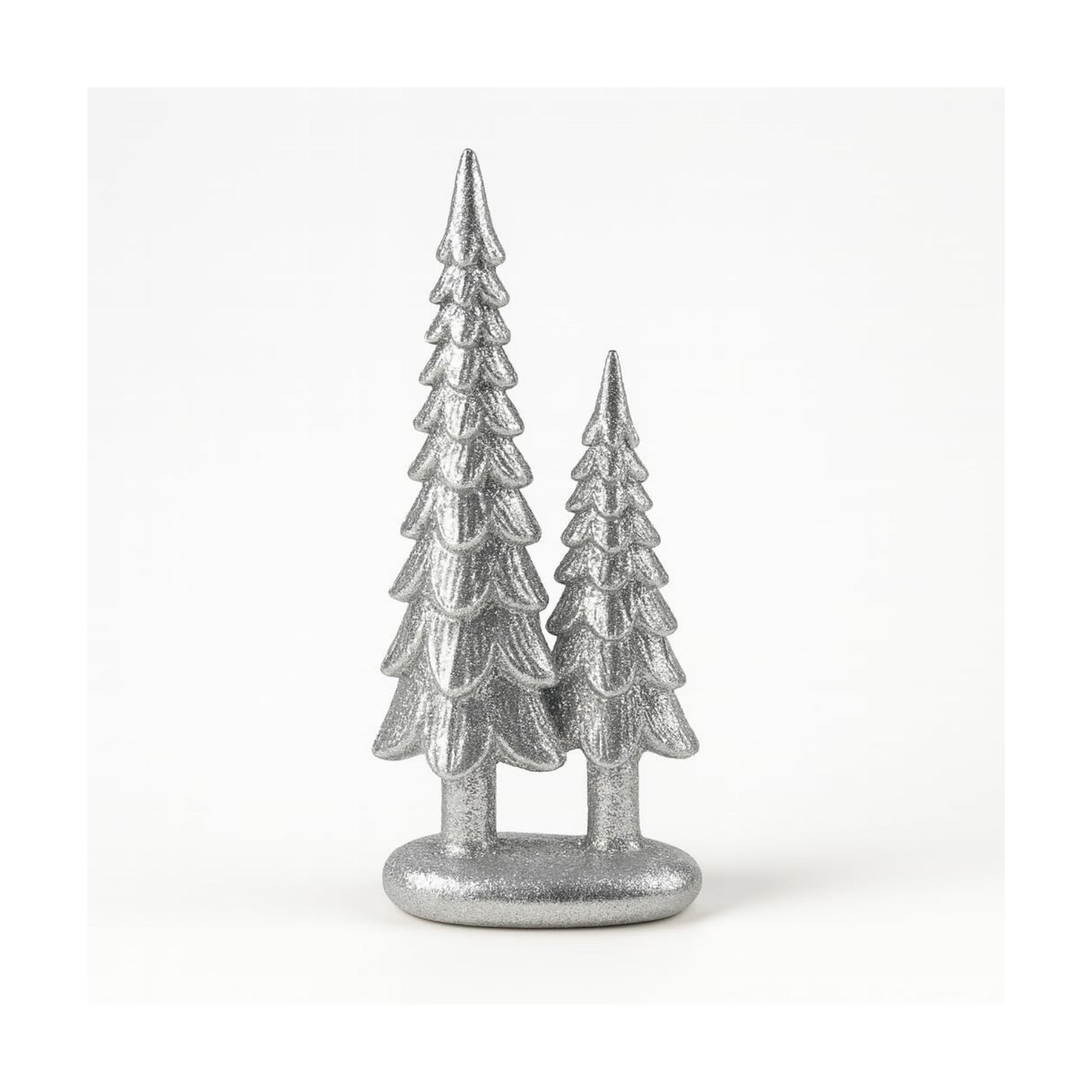 7" Resin Tabletop Figurine Double Glitter Trees on One Base Indoor Christmas Decoration / Silver