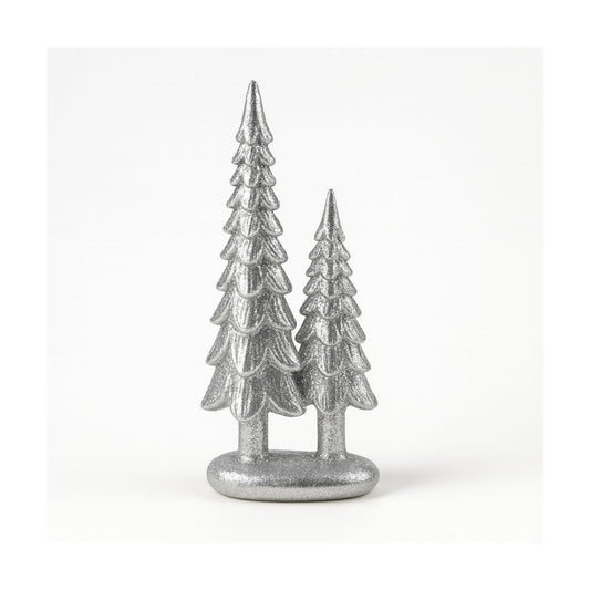 7" Resin Tabletop Figurine Double Glitter Trees on One Base Indoor Christmas Decoration / Silver