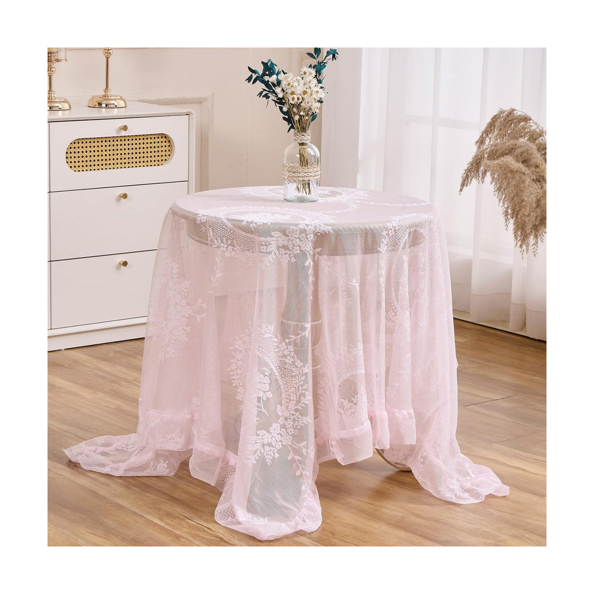Pink Floral Lace Square Tablecloth 55”x55” Vintage Table Cloth