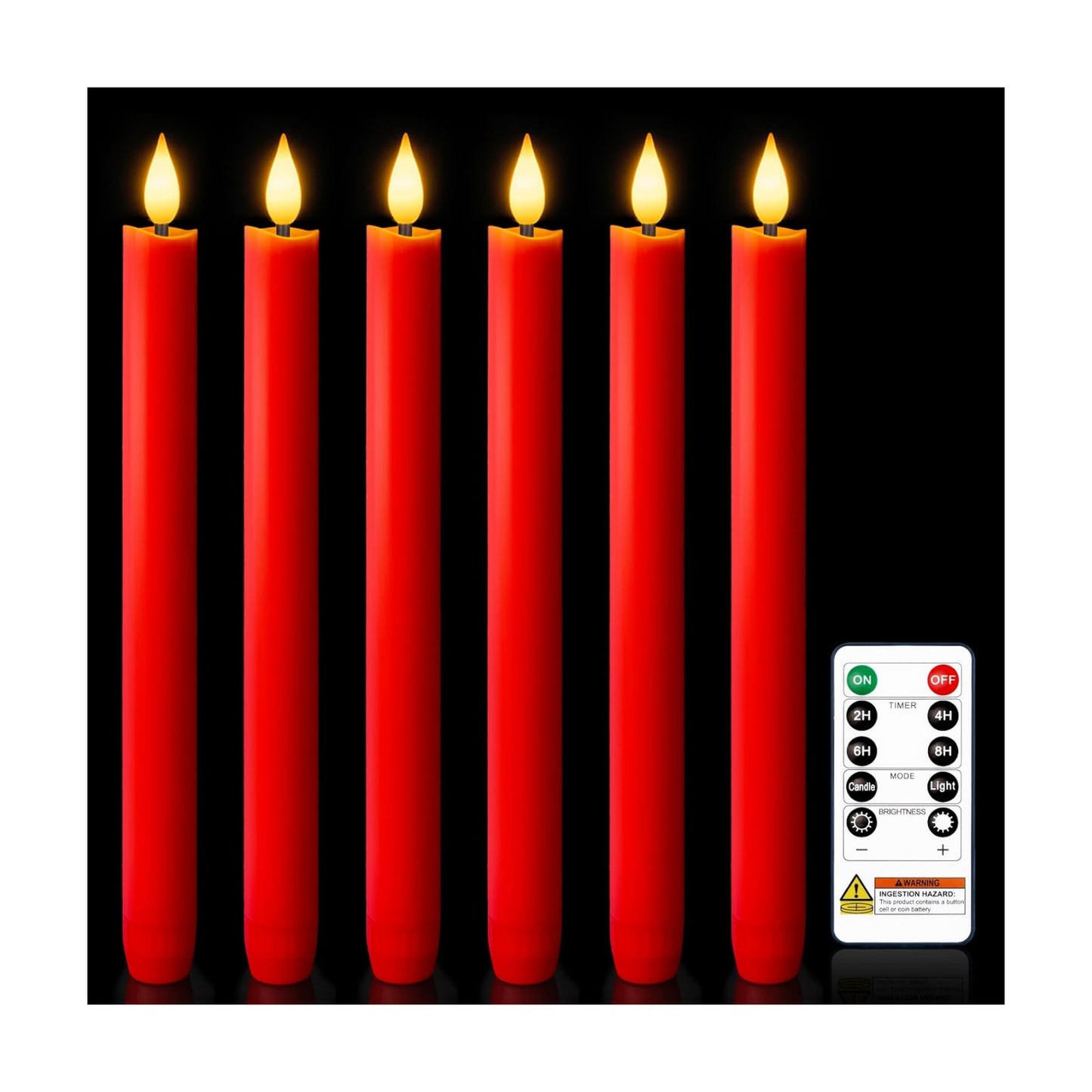 Homemory 6 Pcs Real Wax LED Red Flameless Taper Candles with Remote Timer, 9.6 Inches Fake Candlesticks, Dripless