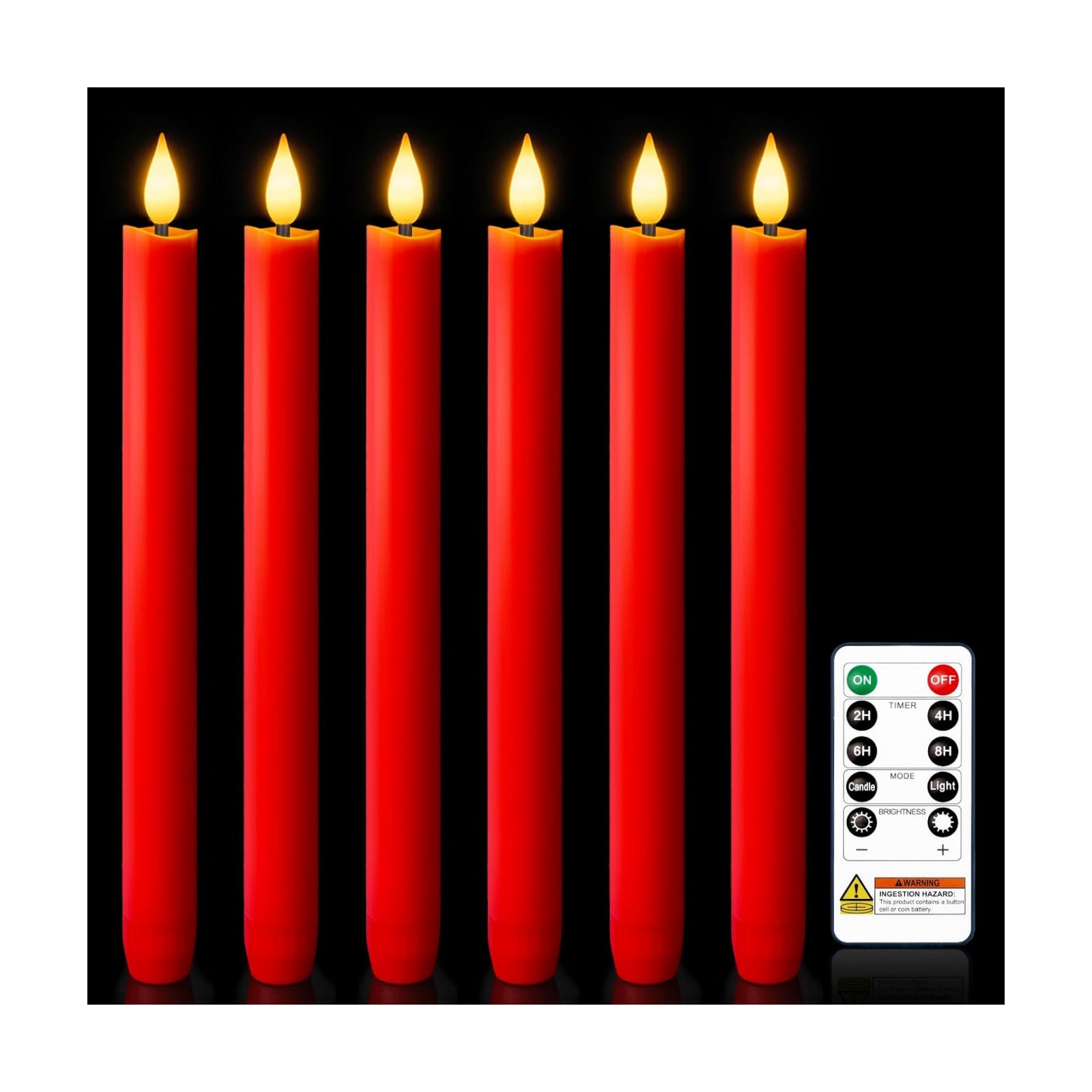Homemory 6 Pcs Real Wax LED Red Flameless Taper Candles with Remote Timer, 9.6 Inches Fake Candlesticks, Dripless
