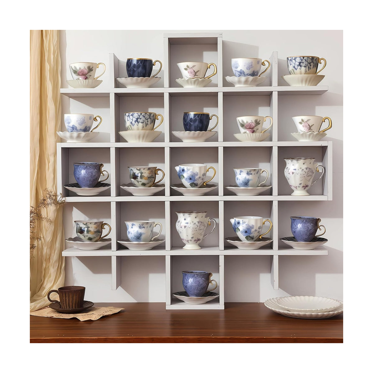 Suzile Oversize Tea Cups and Saucers Shelf Rustic Wooden Coffee Display Shelves Wooden Floating Curio Shelf Mounted Tea