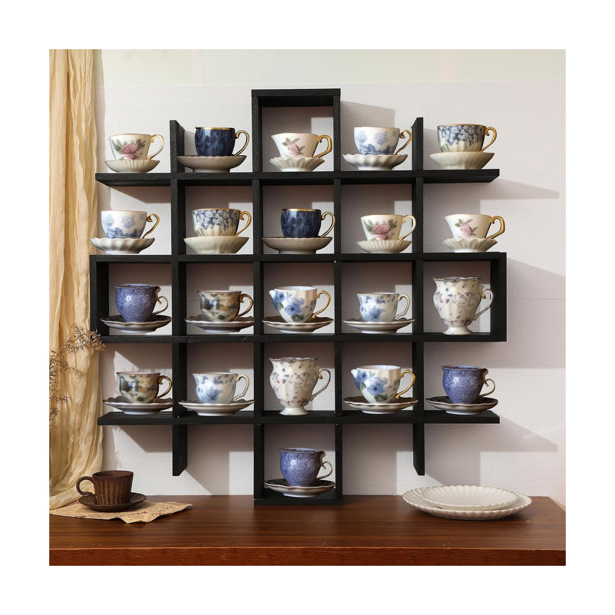 Suzile Oversize Tea Cups and Saucers Shelf Rustic Wooden Coffee Display Shelves Wooden Floating Curio Shelf Mounted Tea