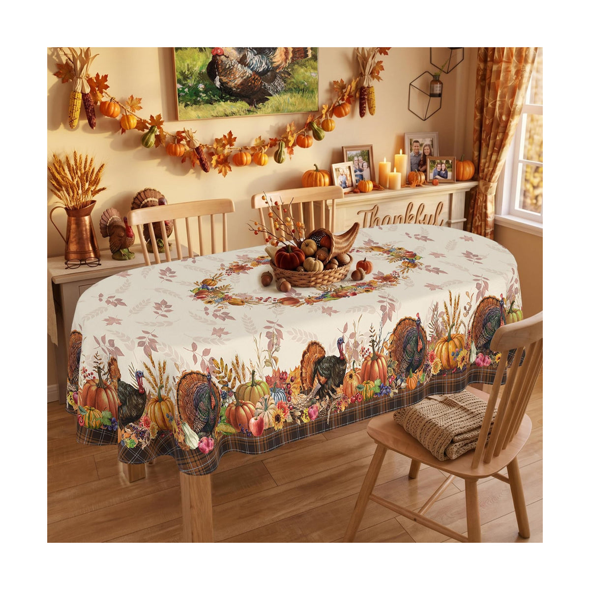 Thanksgiving Tablecloth Oval 60 x 102 Inch, Stain Resistant Machine Washable Fabric Polyester Turkey Harvest Table Cloth Oval Thanksgiving Tablecloth Table Cover for Kitchen Dining Party