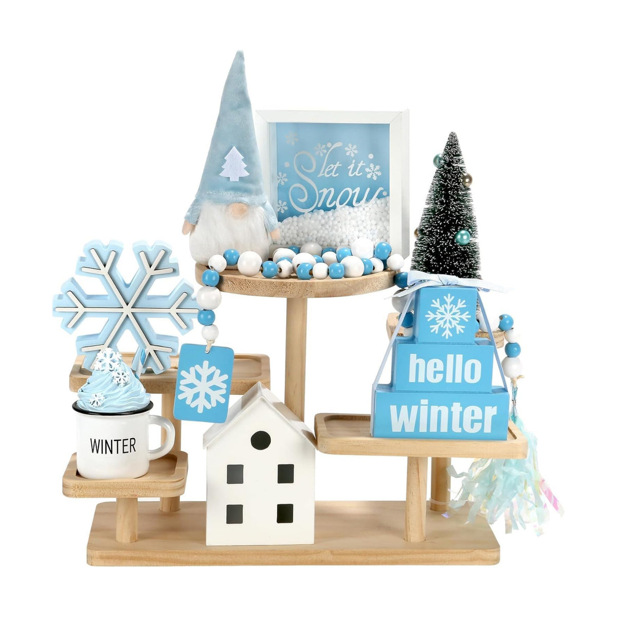 Winter Decoration for Home Office 8 PCS Blue Winter Tiered Tray Decor Set