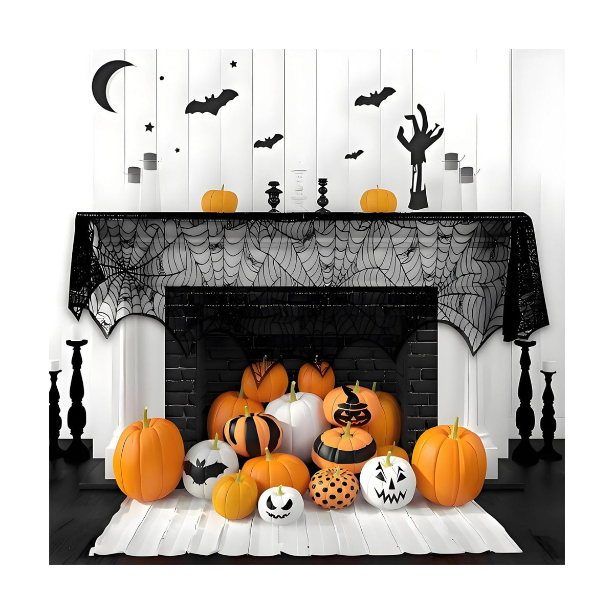 Halloween Spiderweb Decorations - 18inch × 96inch Halloween Mantel Scarf - Black Lace Spiderweb Mantle Scarf for Halloween Home Party Supplies - Halloween Party Decorations