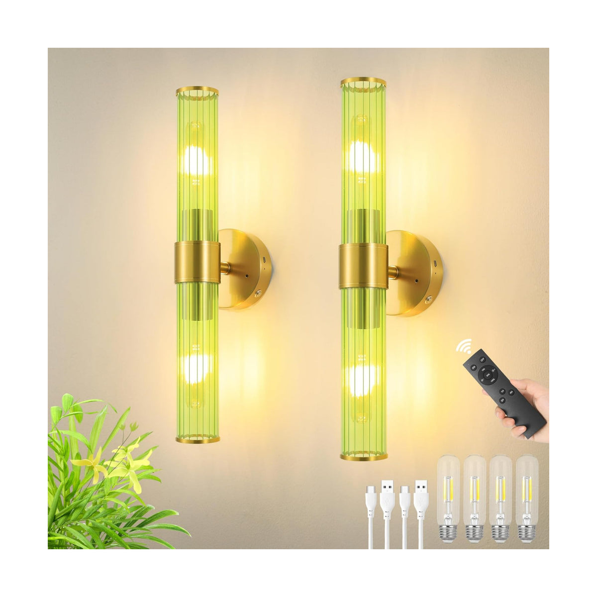 Morauroral Gold Battery Operated Wall Sconces Set of 2, Rechargeable Wall Lights with Remote Control, 20 Inch Modern