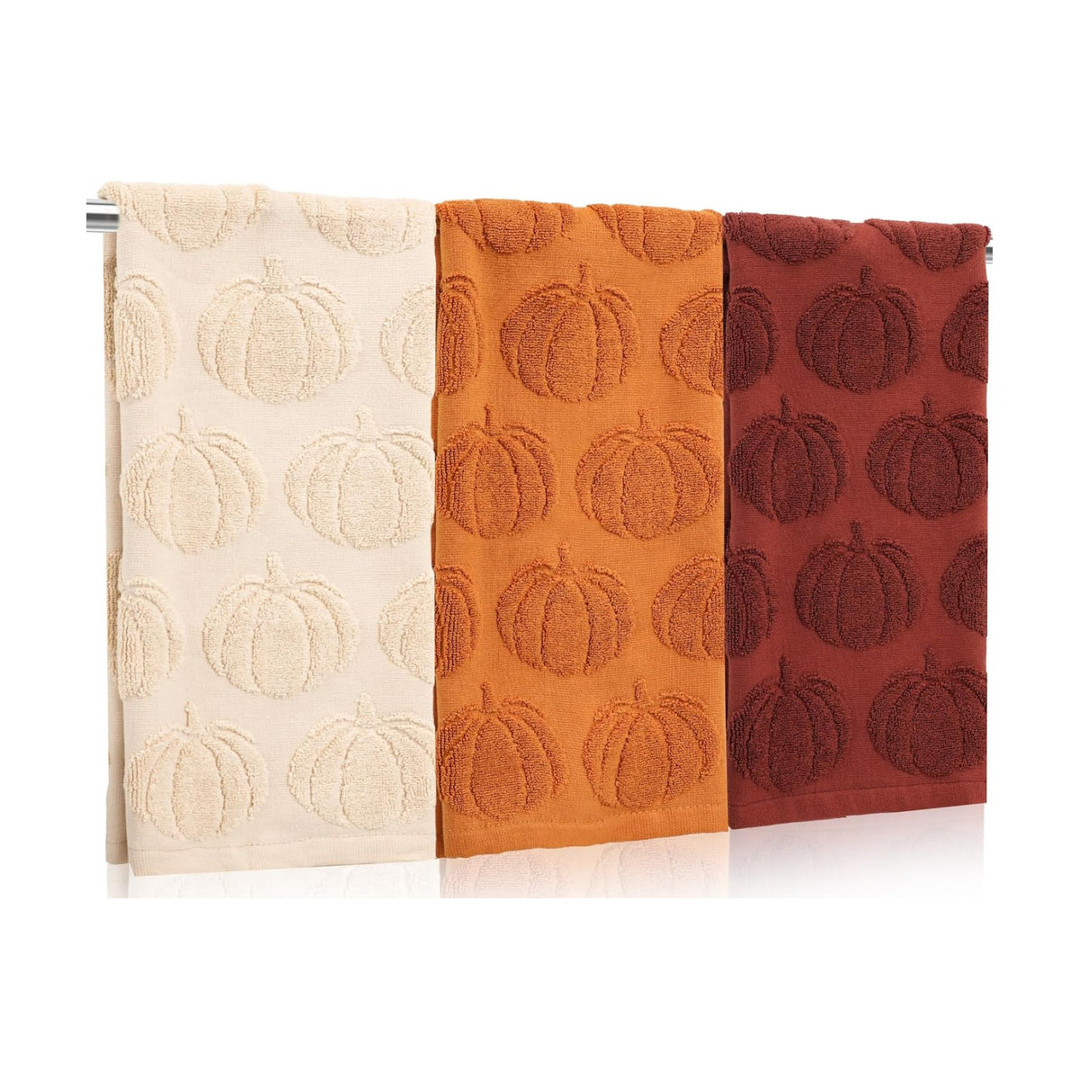 Whaline 3 Pcs Fall Hand Towel Beige Orange Brown 3D Pumpkin Jacquard Cotton Towel Absorbent Dish Towels for Autumn Harvest Thanksgiving Kitchen Bathroom, 13.8 x 29.5 Inch