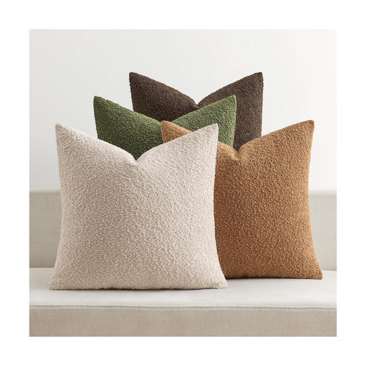 Decorative Textured Boucle Throw Pillow Covers Accent Solid / 18 x 18 / Green Brown / Set of 4
