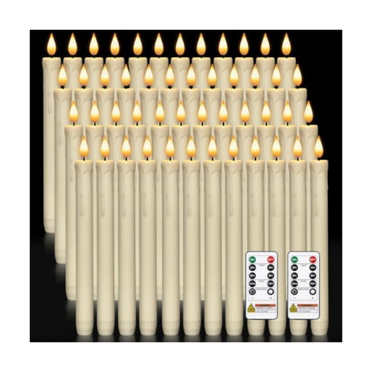 Homemory 48 Pcs Plastic Flameless Taper Candles with Remote Timer Dimmer, Taper Candles Battery Operated with Flickering Light, Ivory Led Candlesticks for Wedding Party Holiday Decoration 9.6 Inches