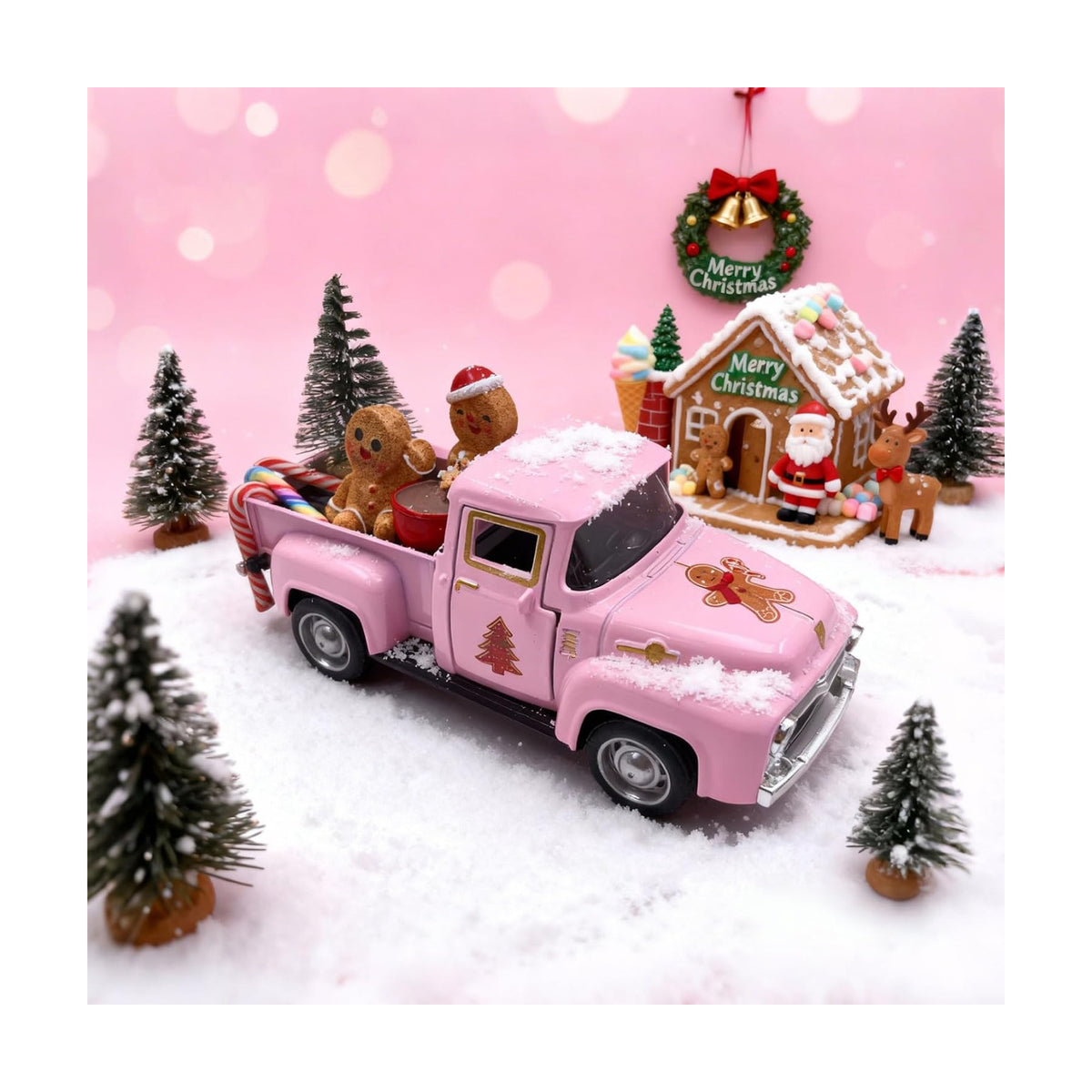 Pink Gingerbread Christmas Decor Farmhouse Metal Truck with Mini Hot Cocoa