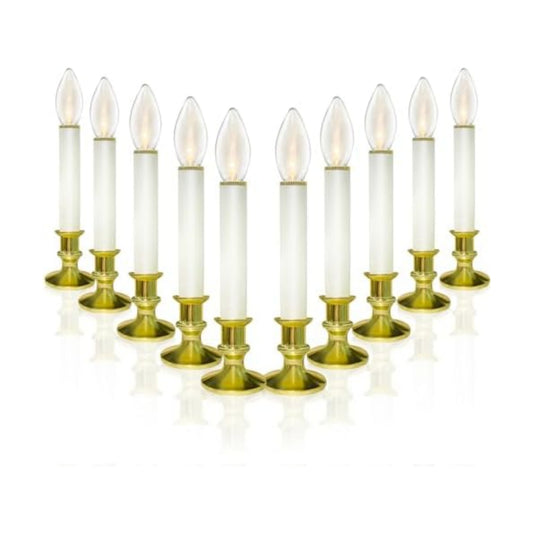 10 Pack Christmas Window Candles with 3V Ultra-Bright LED Warm White Bulbs, LED Battery Operated Window Candles, Gold Base, Flameless Candlestick for Indoor Christmas Window Table Mantel, Steady On