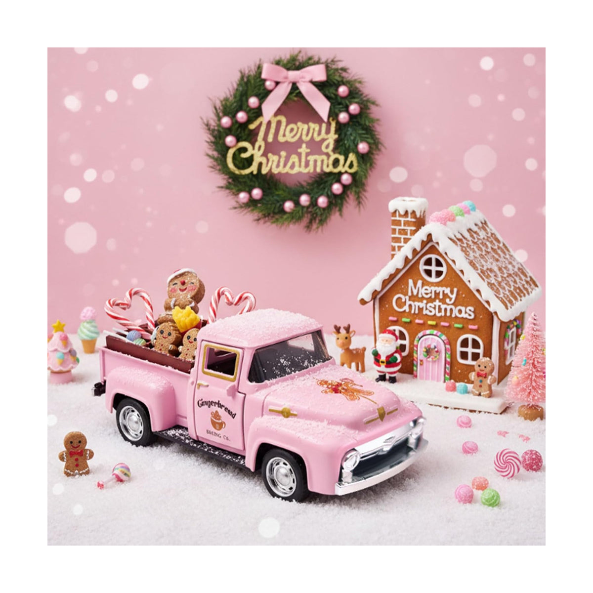 Pink Gingerbread Christmas Decor Metal Truck with Mini Candy Cookie Box